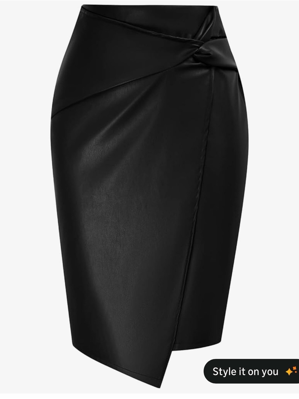 Twist-Detail Black Faux Leather Pencil Skirt
